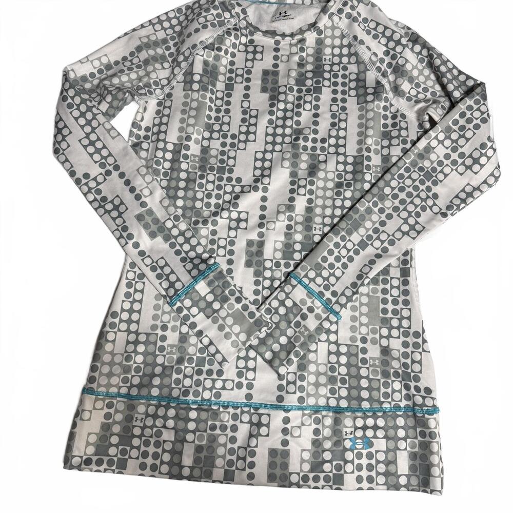UNDER ARMOUR Wms ColdGear long sleeve shirt white/gray polkadot teal trim SZ S